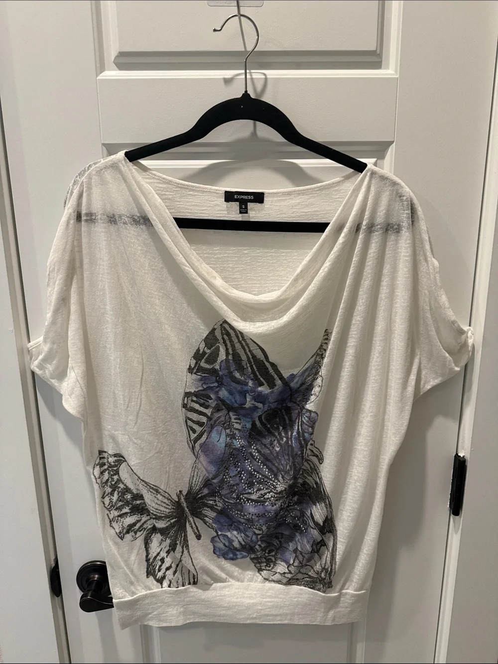 Express White Draped Butterfly Print Top with Blue Accents